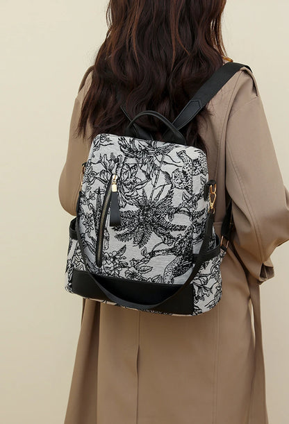 Anti-theft backpacks with floral patterns