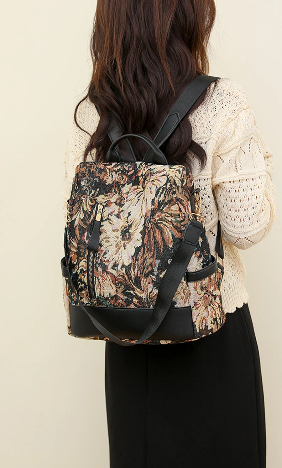 Anti-theft backpacks with floral patterns