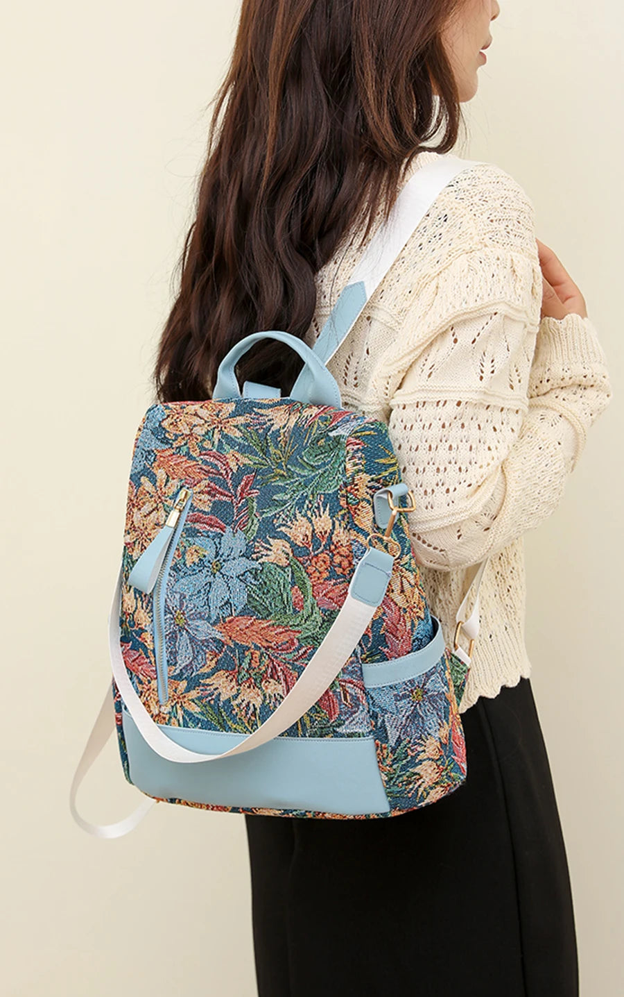 Anti-theft backpacks with floral patterns